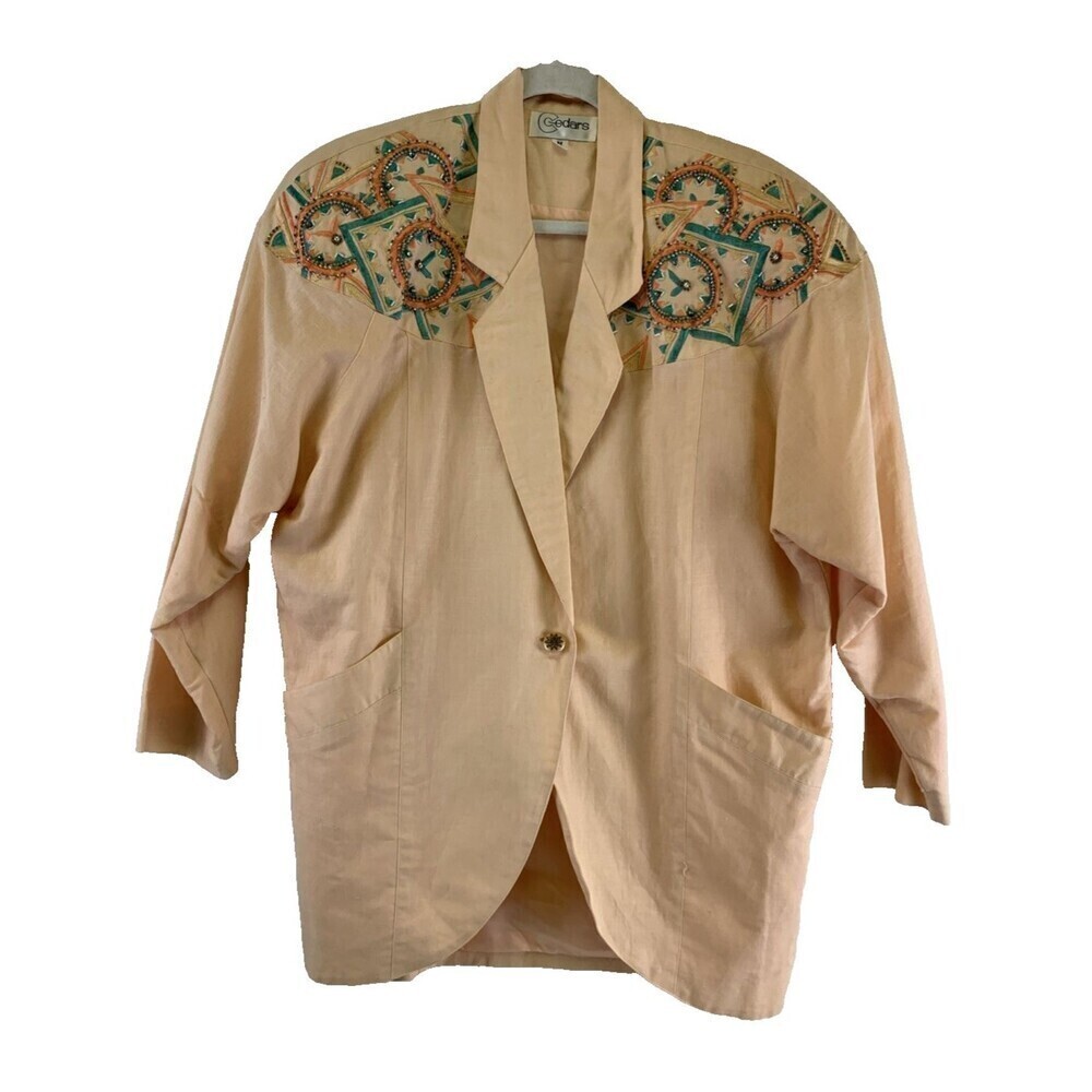 Cedars Western Blazer Jacket One Button Shoulder Pads Coral Turquoise Beaded Med